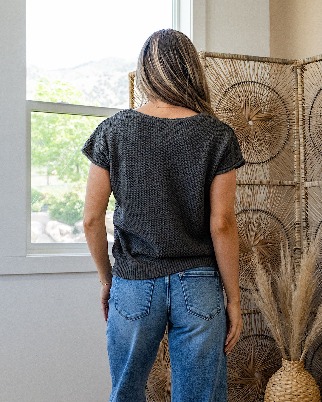 Raquel Open Weave Short Sleeve Sweater - Gun Metal Staccato