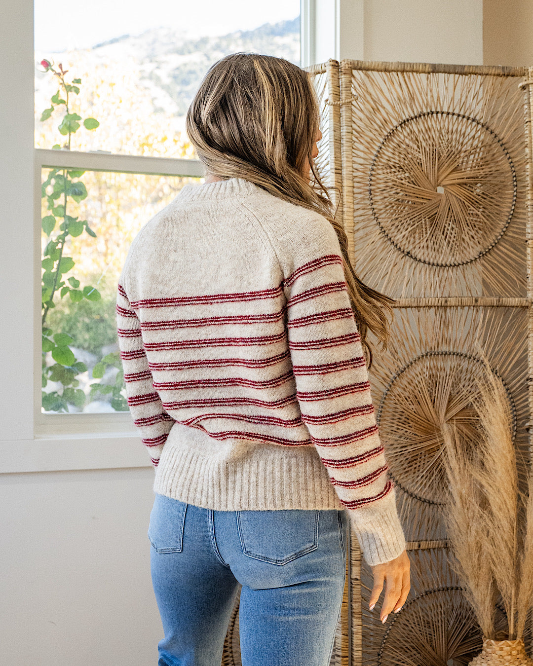 NEW! Fireside Striped Henley Sweater - Oatmeal & Red Staccato