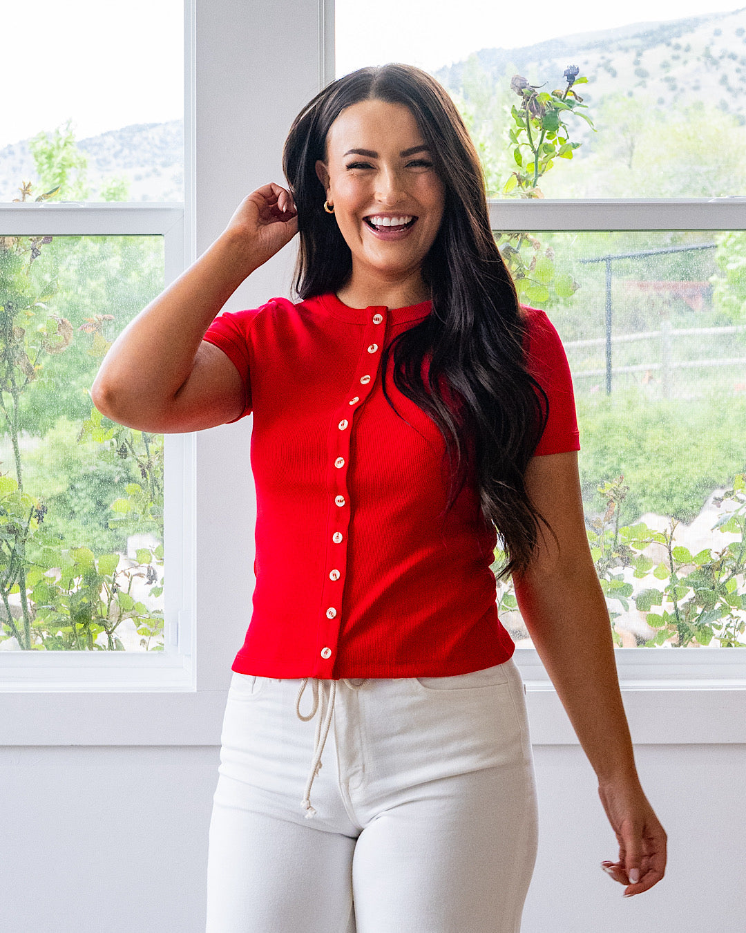 NEW! Ampersand Ave Button Front Lulu Tee - Cherry Ampersand Ave
