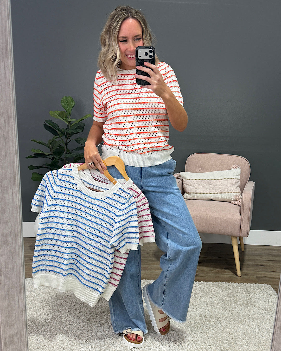 Kaitlyn Open Knit Striped Sweater Top - Blue Staccato