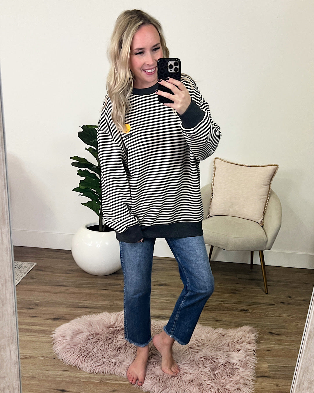Smile Sweatshirt - Charcoal and Ivory Striped FINAL SALE  White Birch   