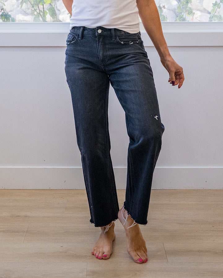 NEW! Vervet Carolina Fray Hem Slim Wide Leg Jeans - Black Vervet