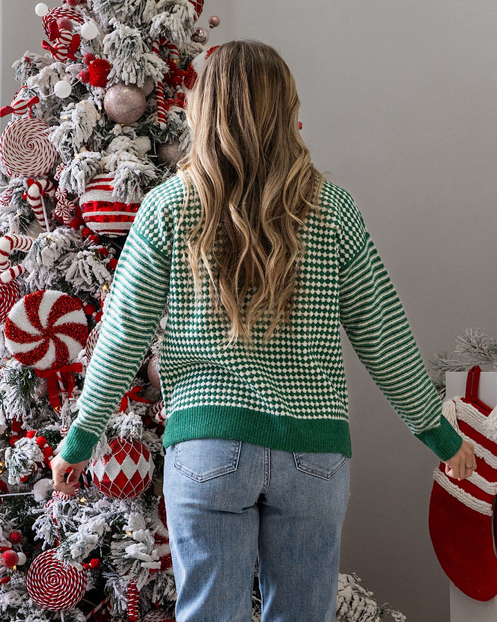 NEW! Home for the Holidays Contrast Pattern Sweater - Green Staccato