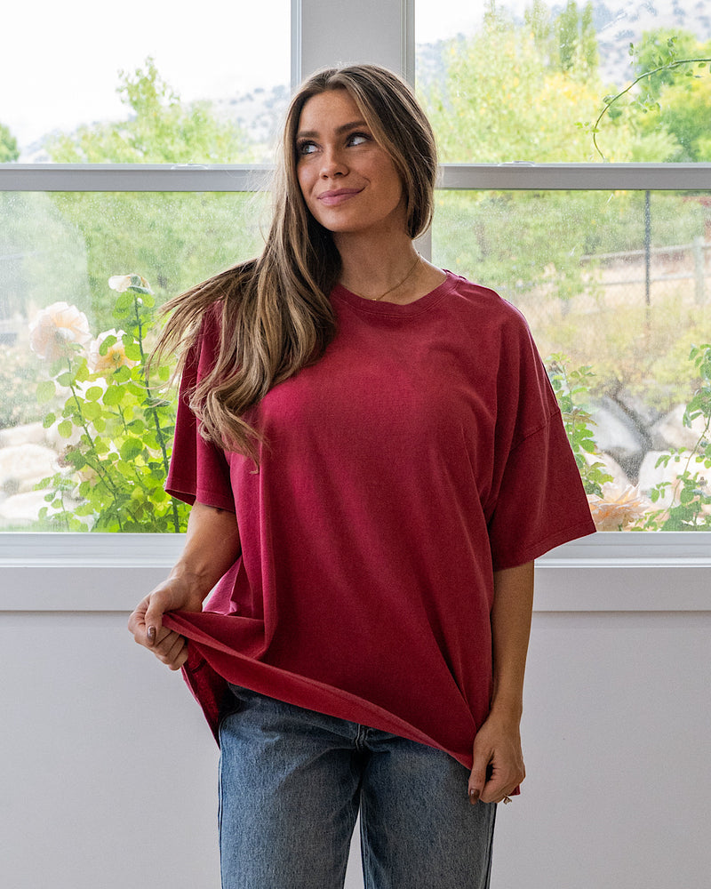 NEW! Oversized Mineral Wash Tee - Dark Red Double Zero