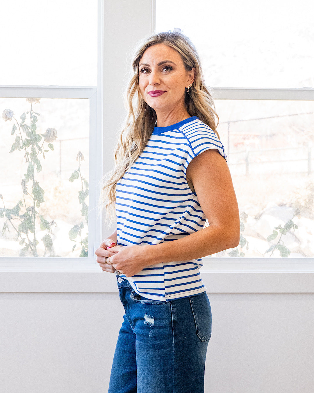NEW! Adalyn Cap Sleeve Striped Top - Blue Staccato