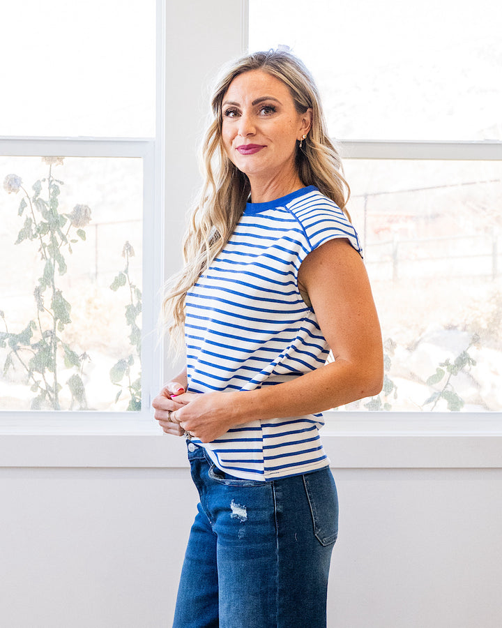 NEW! Adalyn Cap Sleeve Striped Top - Blue Staccato