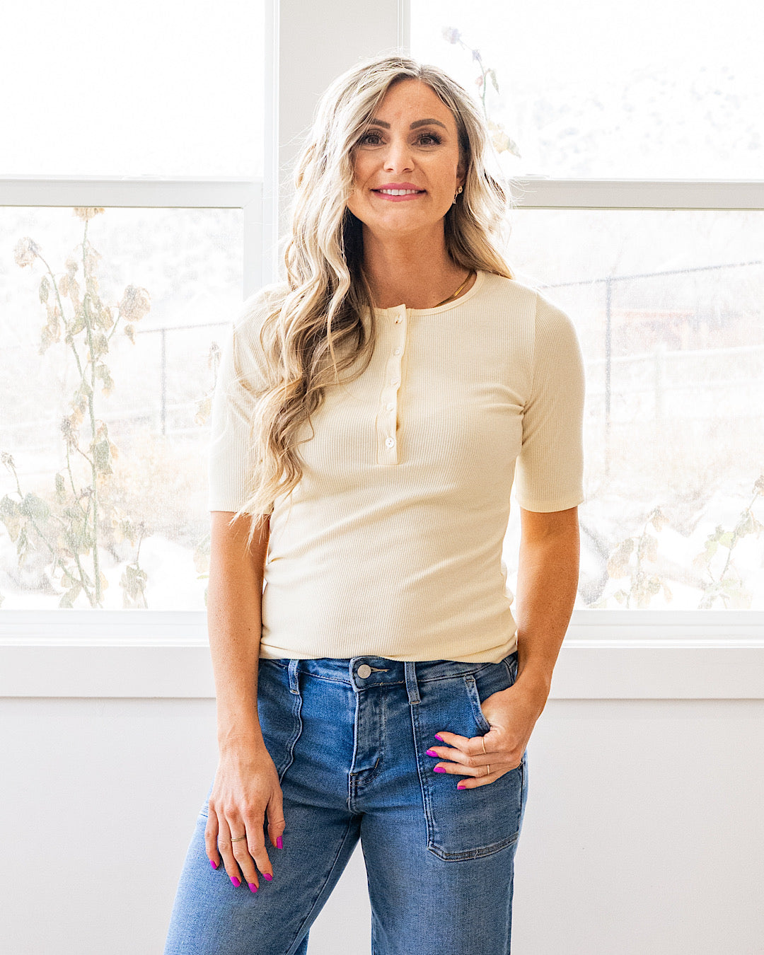 NEW! Emmy Micro Ribbed Henley Top - Butter Yellow