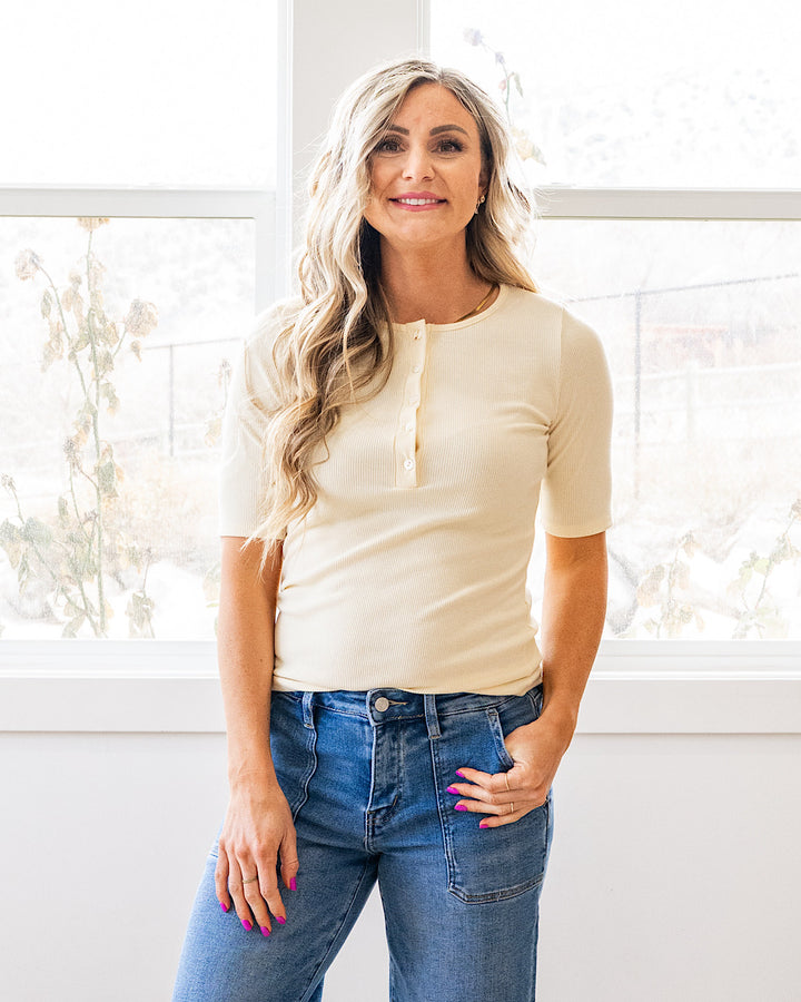 NEW! Emmy Micro Ribbed Henley Top - Butter Yellow