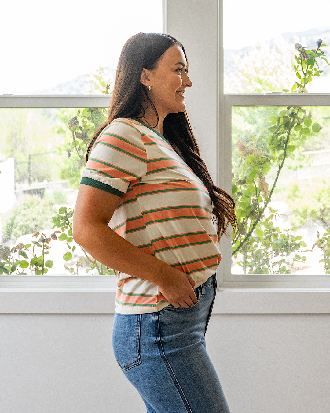 NEW! Shauna Contrast Striped Top - Coral & Olive