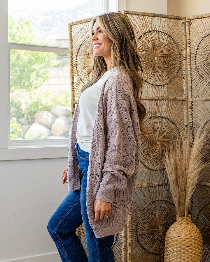 NEW! Roselin Pointelle Open Cardigan - Taupe Bibi