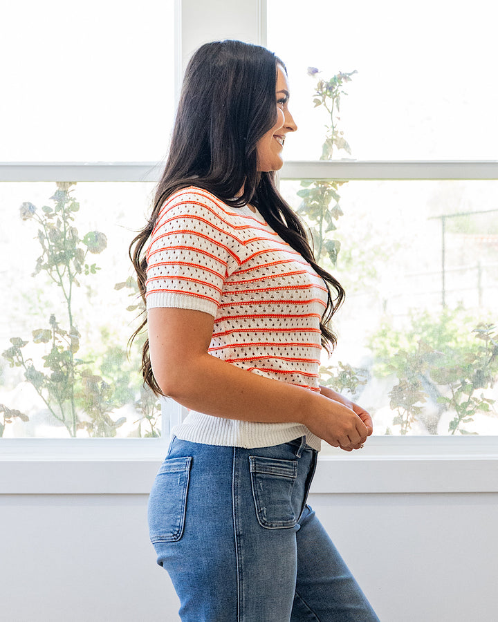 Kaitlyn Open Knit Striped Sweater Top - Orange Staccato