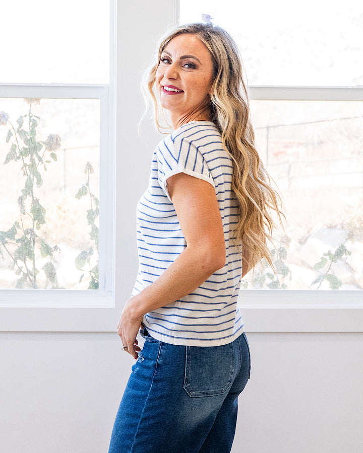 Candice Striped V Neck Sweater Top - Ivory & Navy Staccato