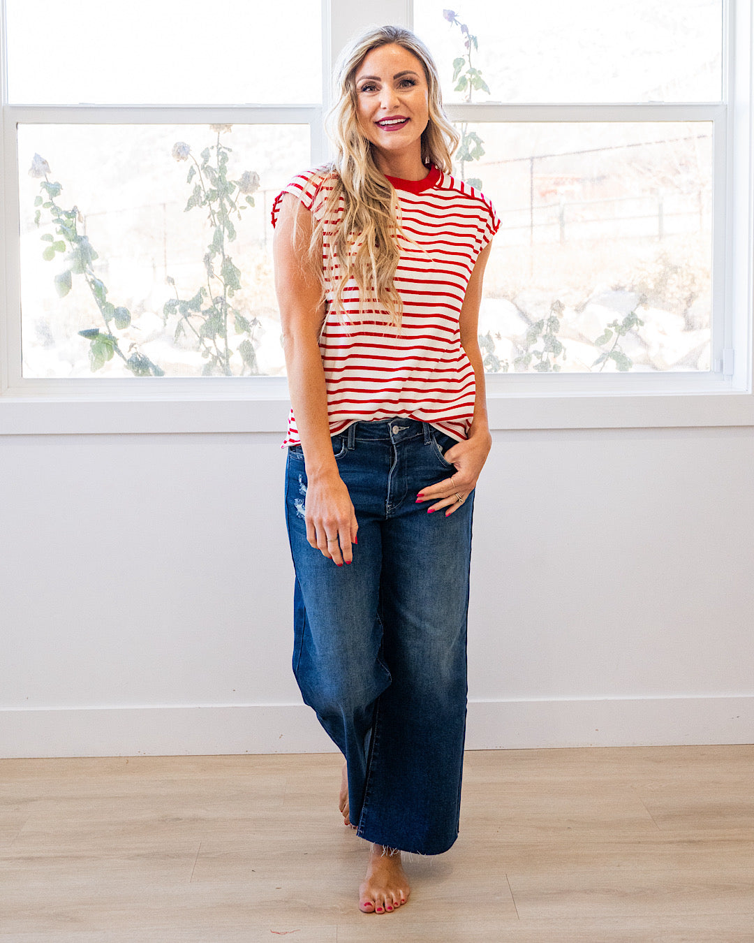 NEW! Adalyn Cap Sleeve Striped Top - Red Staccato
