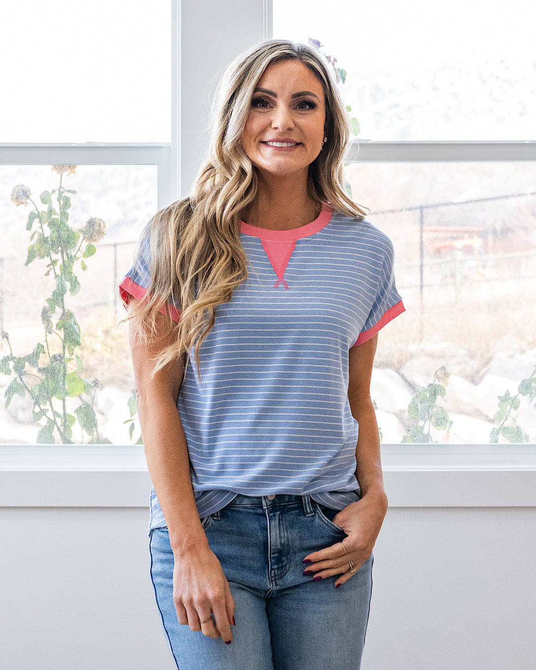 Izzy Striped Knit Top - Slate & Pink Staccato