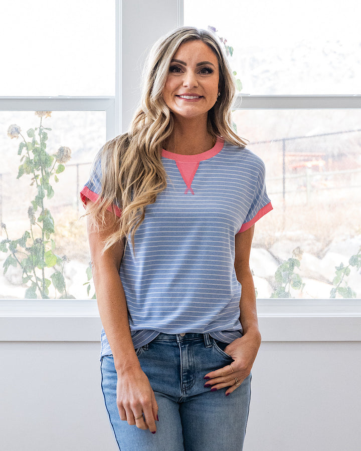 Izzy Striped Knit Top - Slate & Pink Staccato