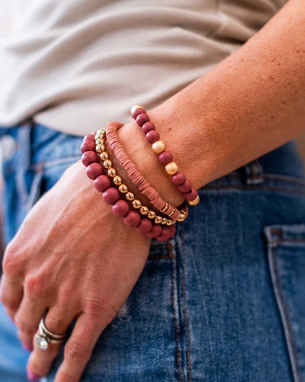 Wooden Bracelet Set - Dark Pink and Gold Trendy Wholesale