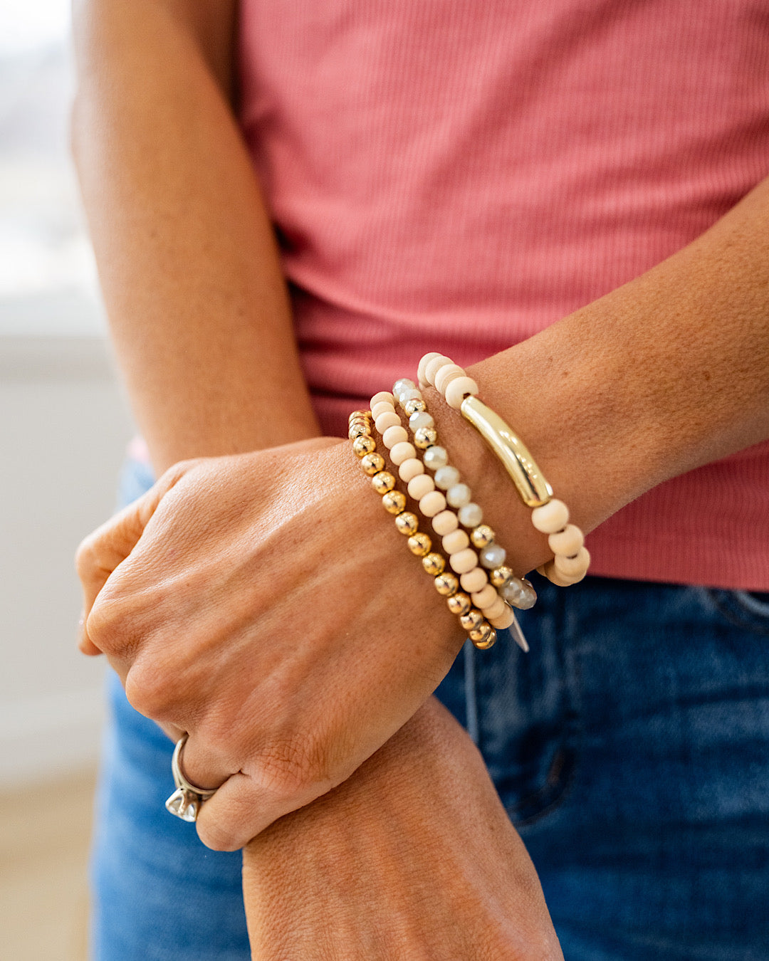 NEW! Gold and Natural Wooden Beaded Bracelet Set  Trendy Wholesale   