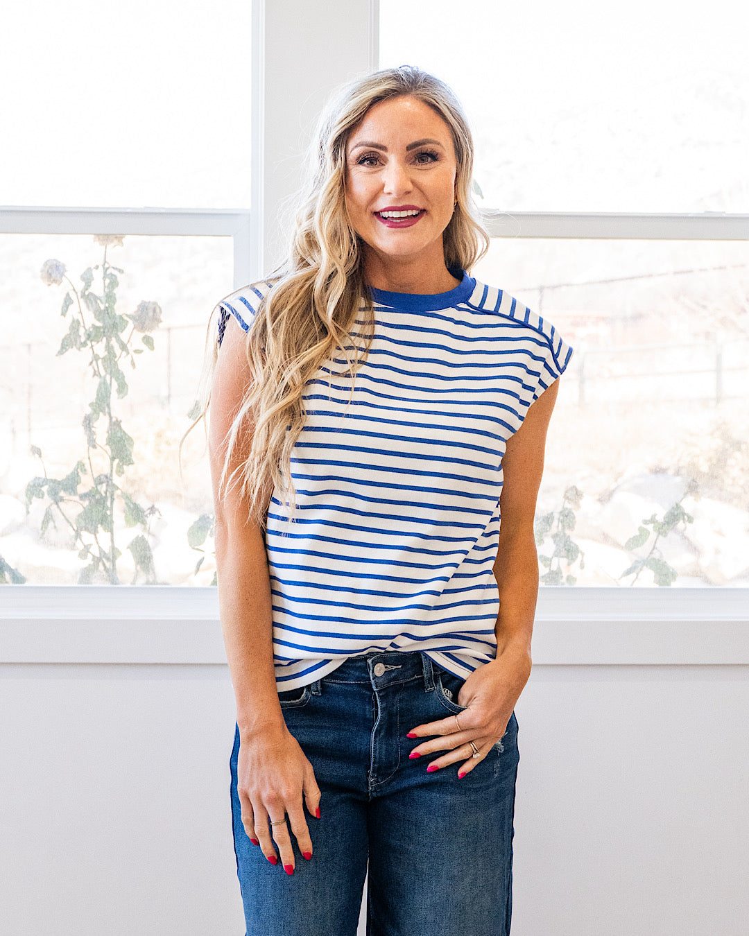 NEW! Adalyn Cap Sleeve Striped Top - Blue Staccato