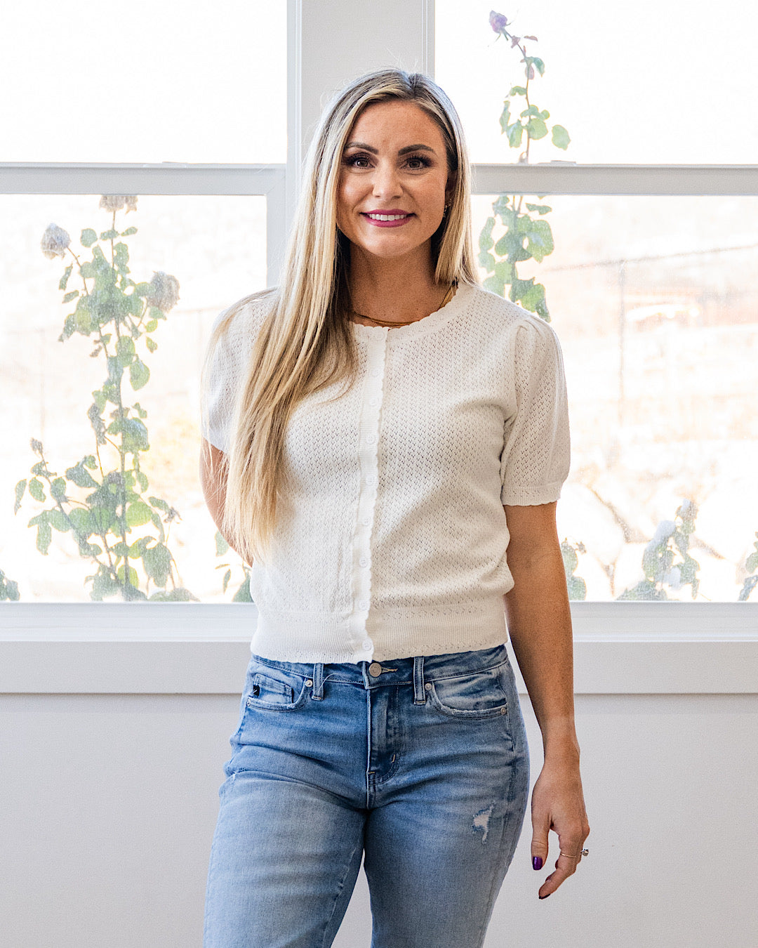 NEW! Brooke Pointelle Short Sleeve Cardigan - White Be Cool
