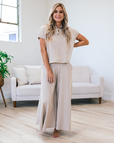 NEW! Rochelle Taupe Polo Top and Wide Leg Pant Set  Ces Femme   