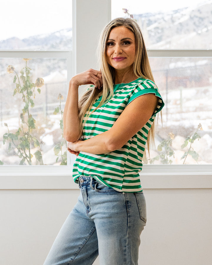 NEW! Carmine Striped Split Neck Top - Green