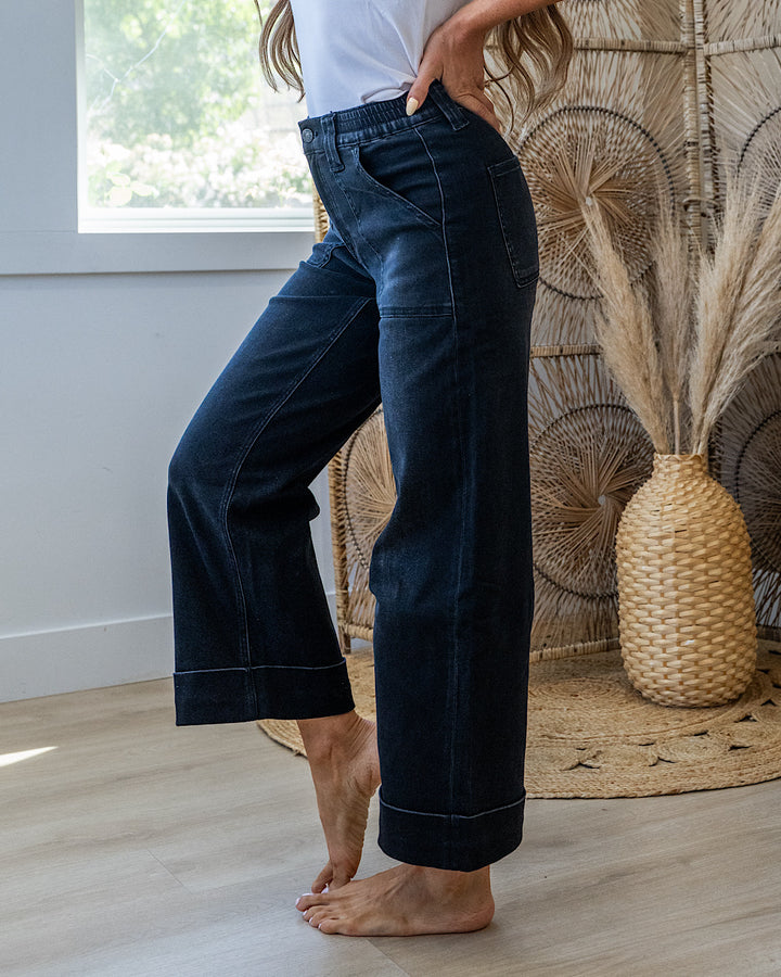 NEW! Vervet Maggie Roll Hem Elastic Waist Wide Leg Jeans - Black