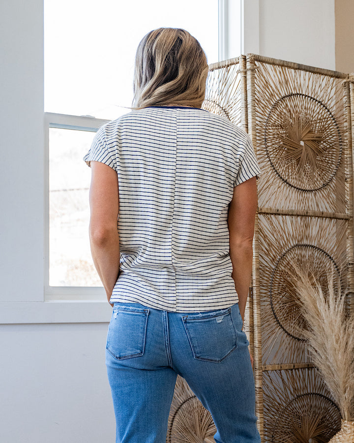 Kinley Pointelle Striped Pocket Top - Navy Staccato