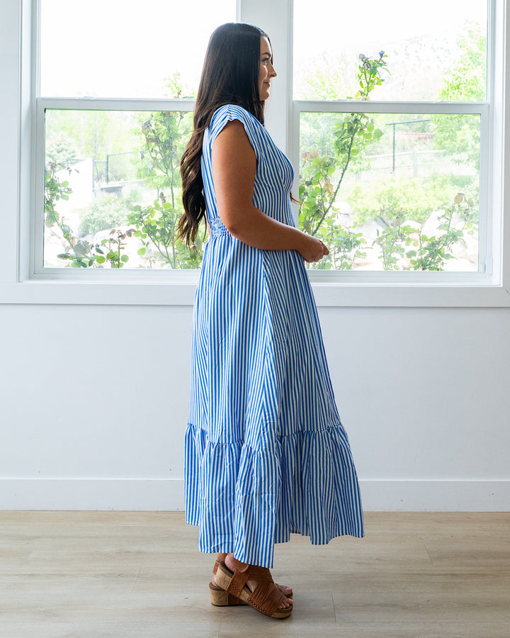 NEW! Trista Striped V Neck Maxi Dress - Blue Haptics