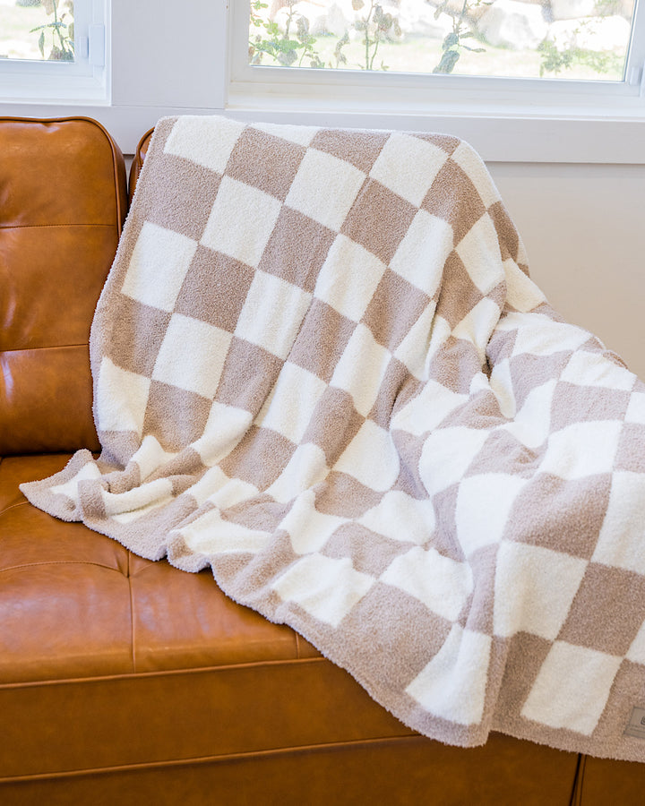 New! Comfy Luxe Throw Blanket - Taupe Checkered Jasmine Trading