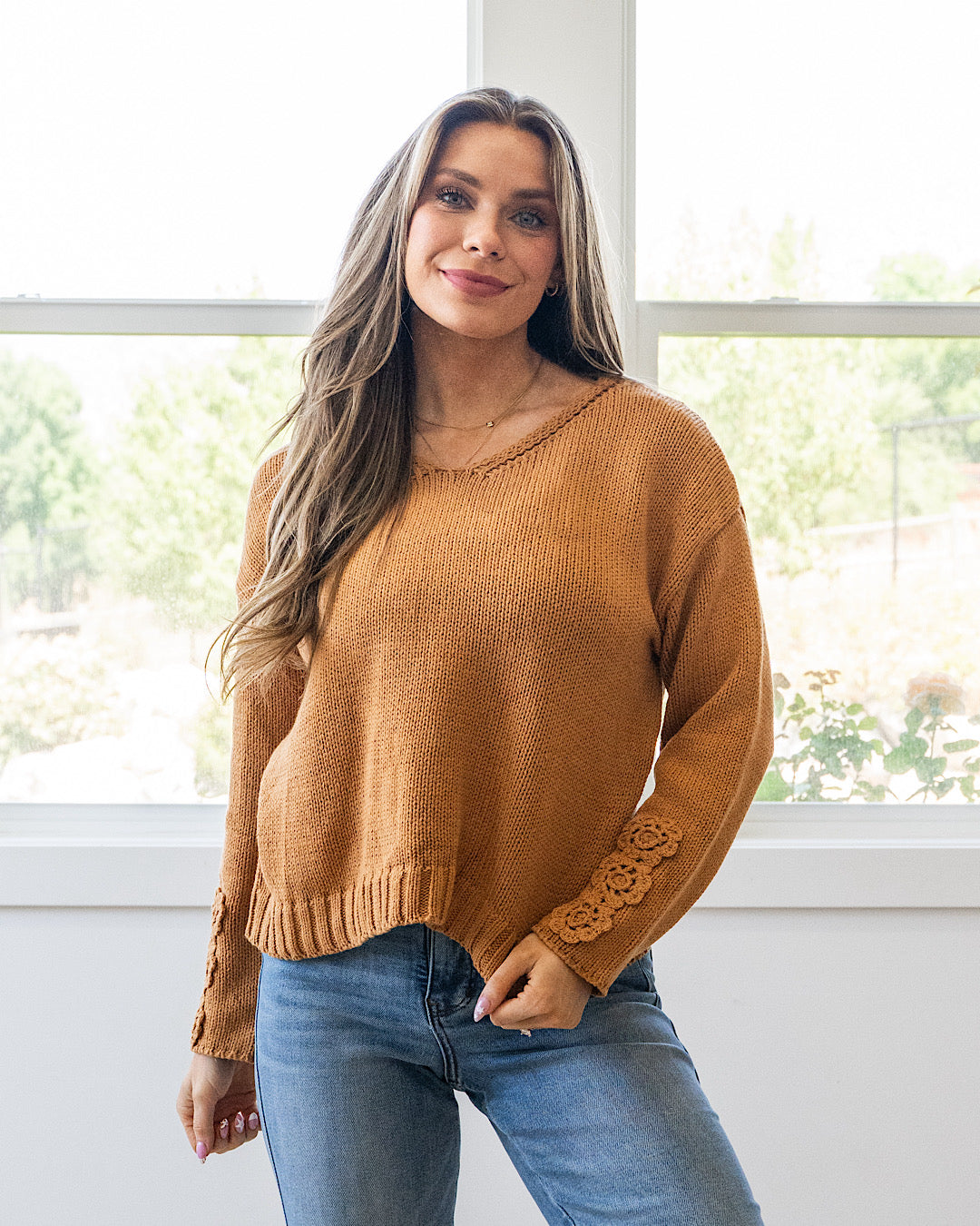 NEW! Ella Crochet Sleeve Sweater - Camel