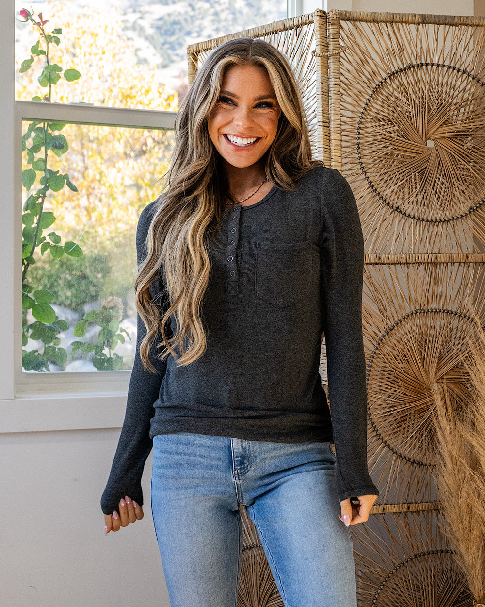 Georgia Henley Long Sleeve Top - Color Options Available! Michelle Mae Charcoal