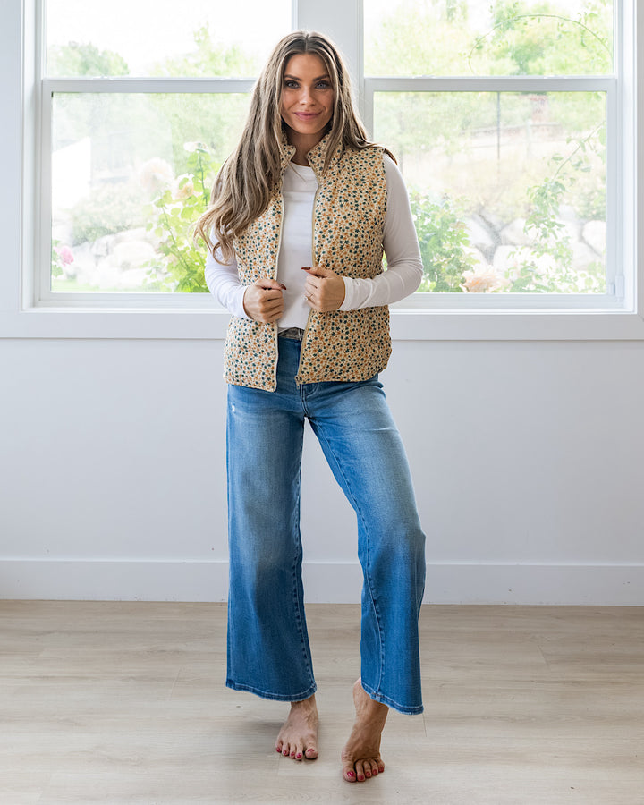 NEW! Juliana Floral Print Corduroy Vest - Cream & Gold Staccato