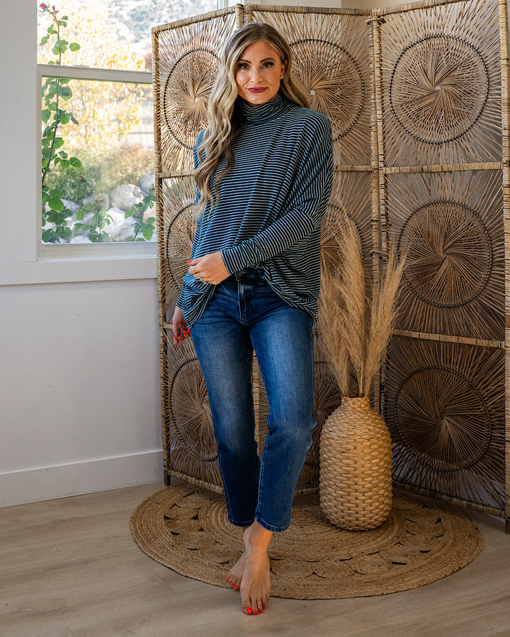 NEW! Here I Am Striped Dolman Sleeve Turtle Neck - Deep Green & Cream Double Zero