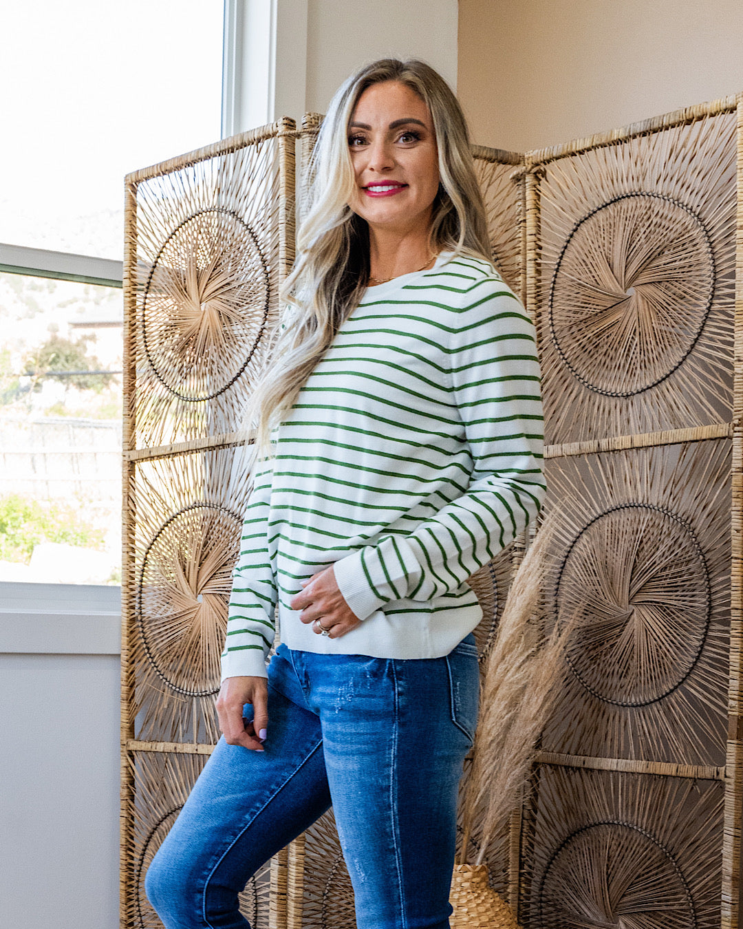 Camila Striped Crewneck Sweater - Green  Staccato   