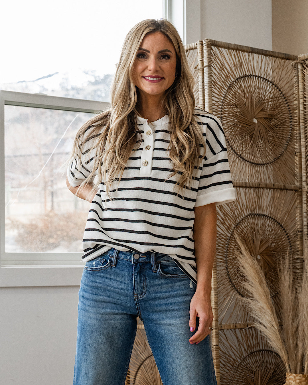 Find Yourself Striped Henley Top - Ivory & Black Lovely Melody