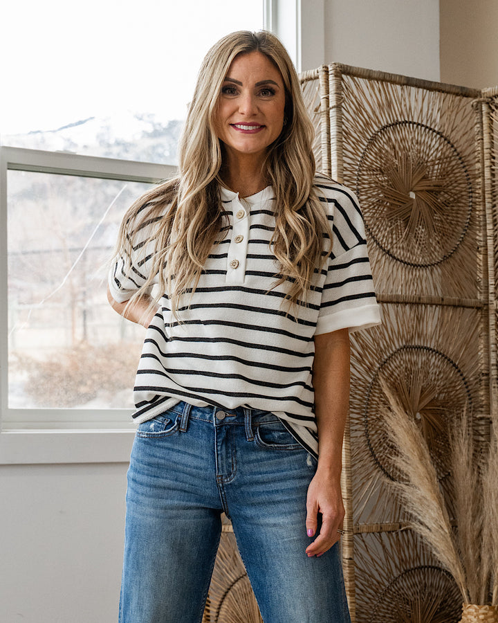 Find Yourself Striped Henley Top - Ivory & Black Lovely Melody