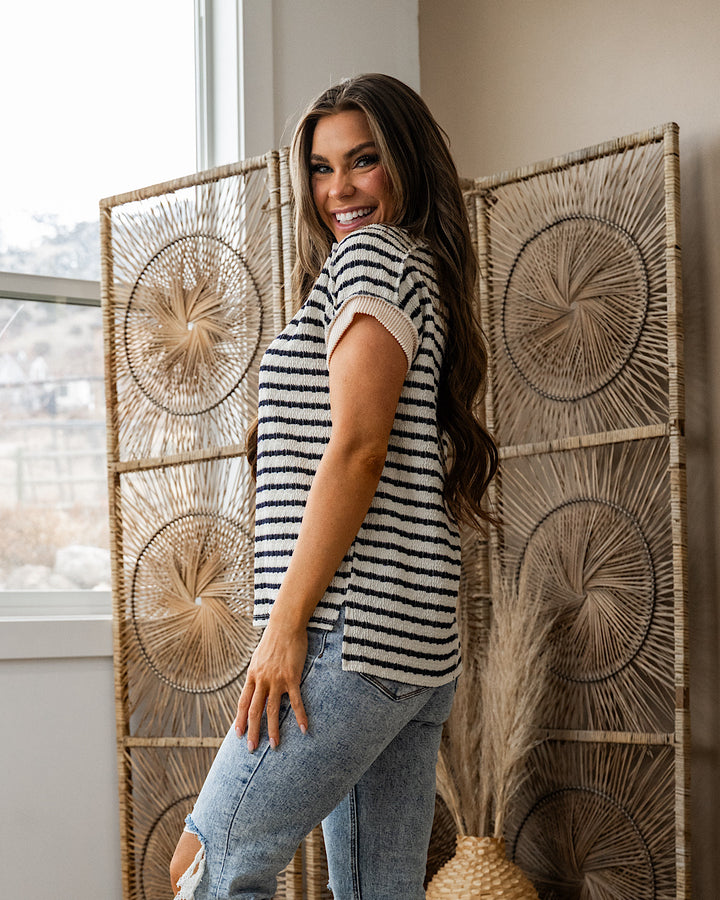 Jillian Textured Striped Top - Black 7th Ray