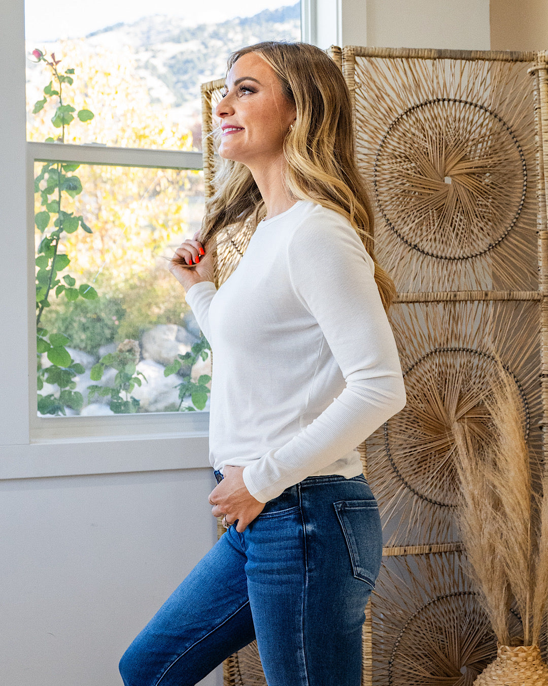 Amelia Micro Ribbed Long Sleeve Top - Ivory Staccato