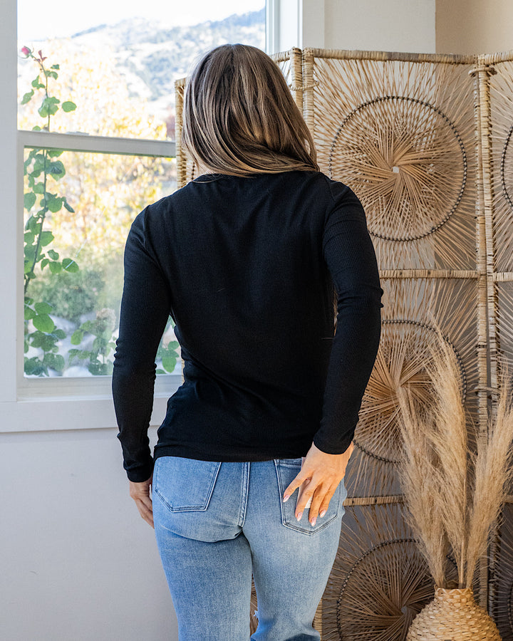 Amelia Micro Ribbed Long Sleeve Top - Black Staccato
