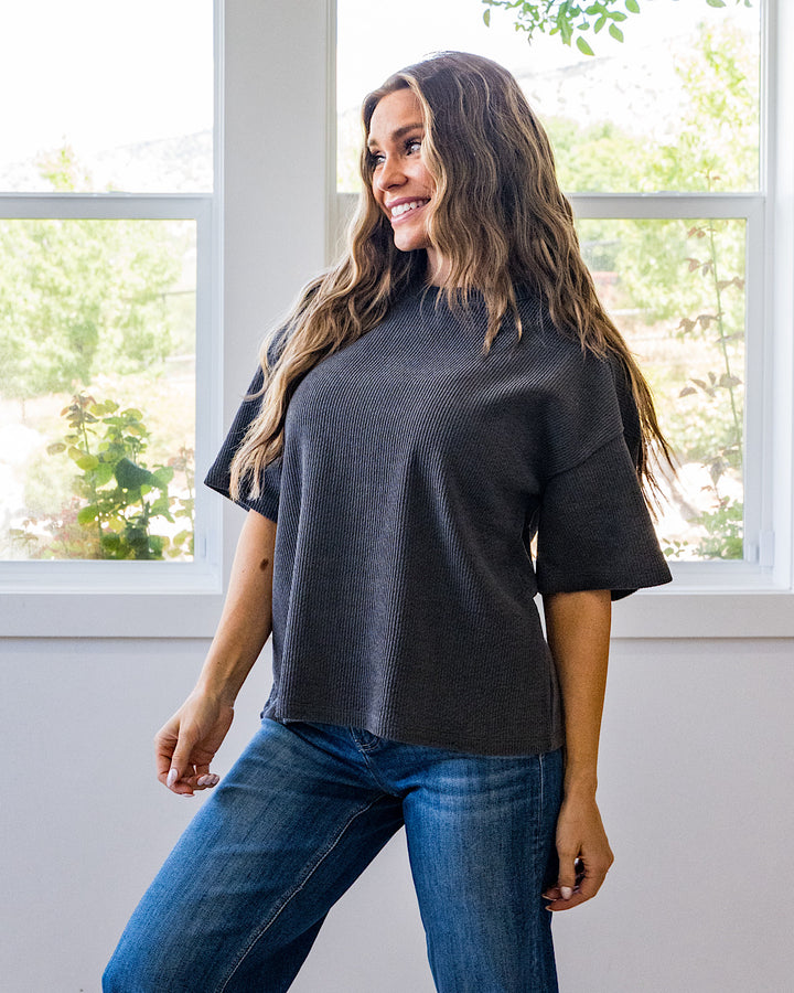 NEW! Paisley Corded Short Sleeve Top - Charcoal Tres Bien