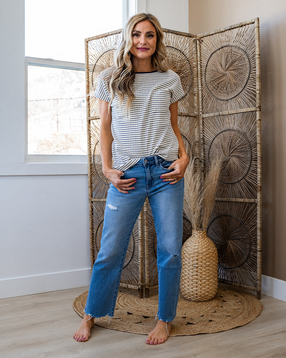 Kinley Pointelle Striped Pocket Top - Navy Staccato