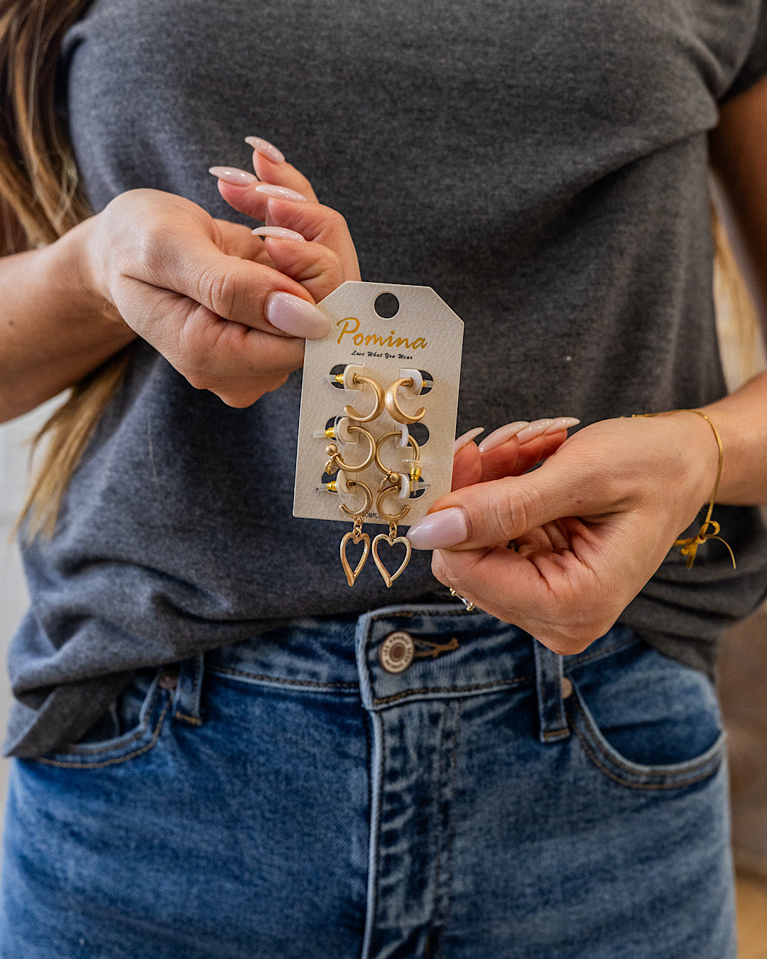 NEW! Gold Polished Metal Heart Drop Hoop Earring Set Trendy Wholesale