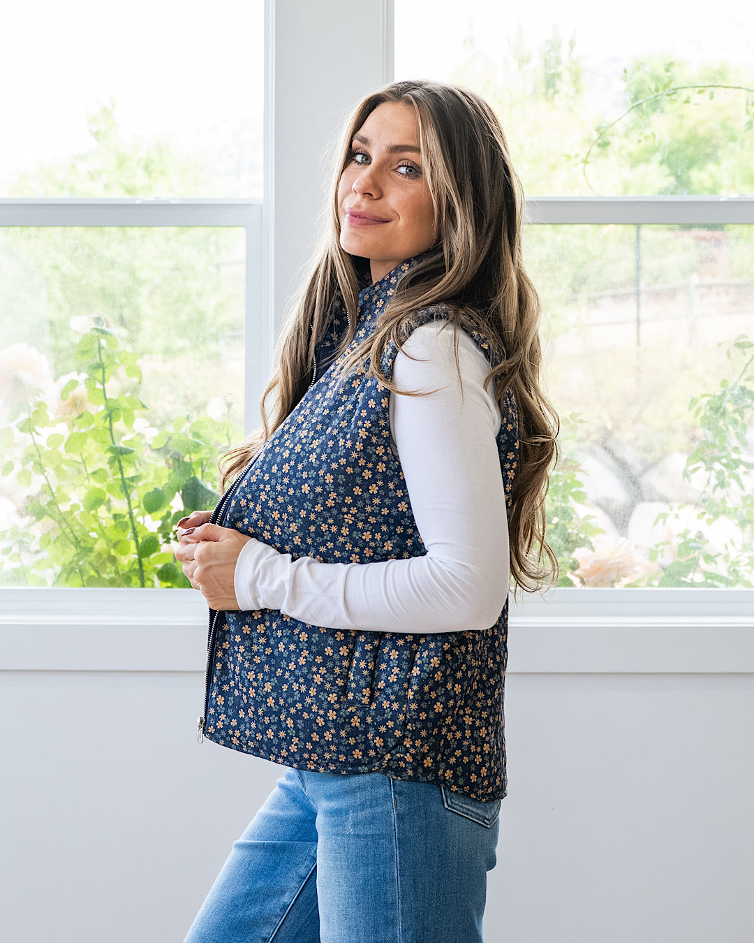 NEW! Juliana Floral Print Corduroy Vest - Navy & Gold Staccato