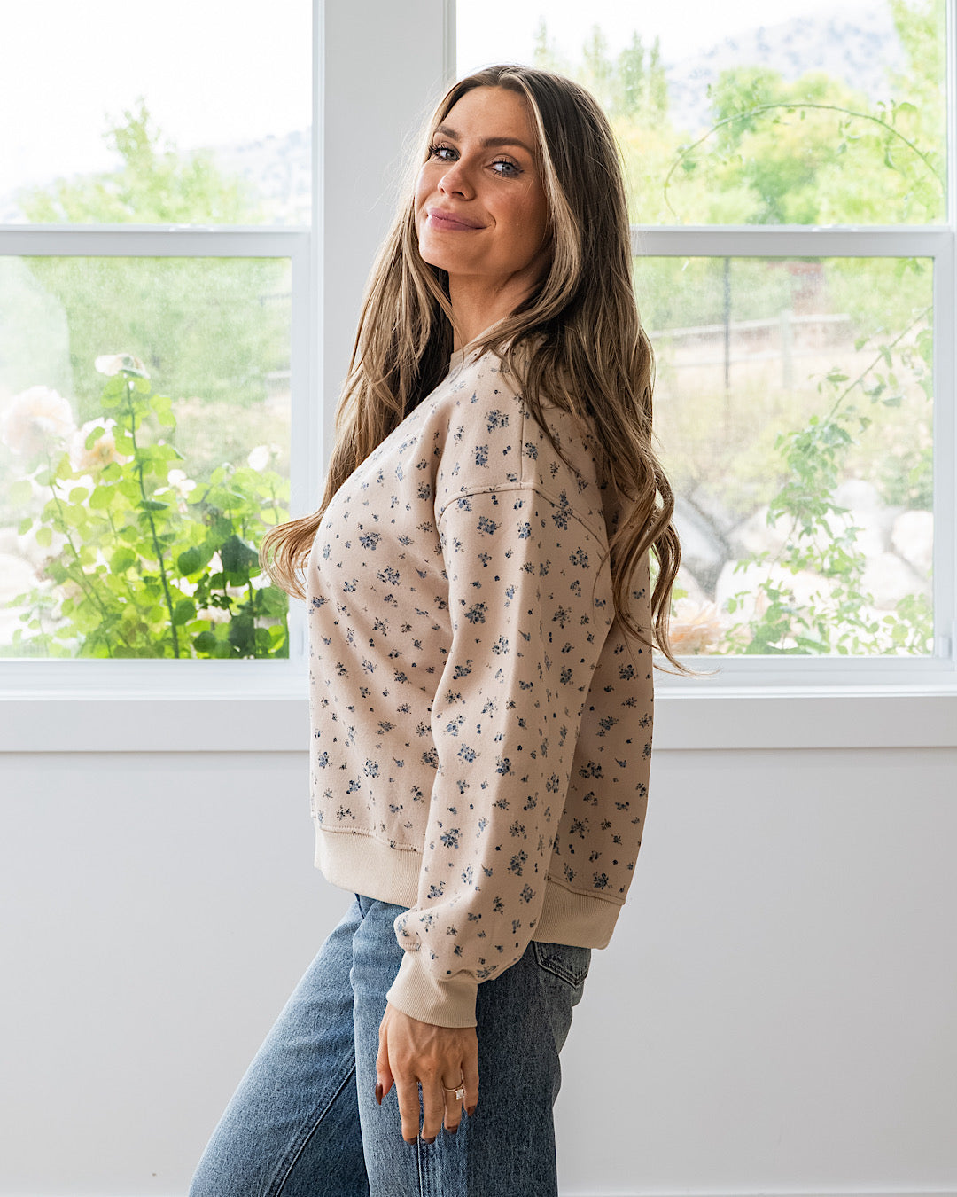 NEW! Ditsy Floral Boxy Sweatshirt - Khaki Multi
