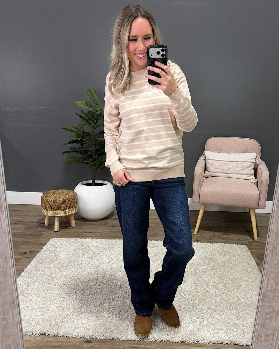 Rosie Fine Knit Striped Sweater - Oatmeal Staccato