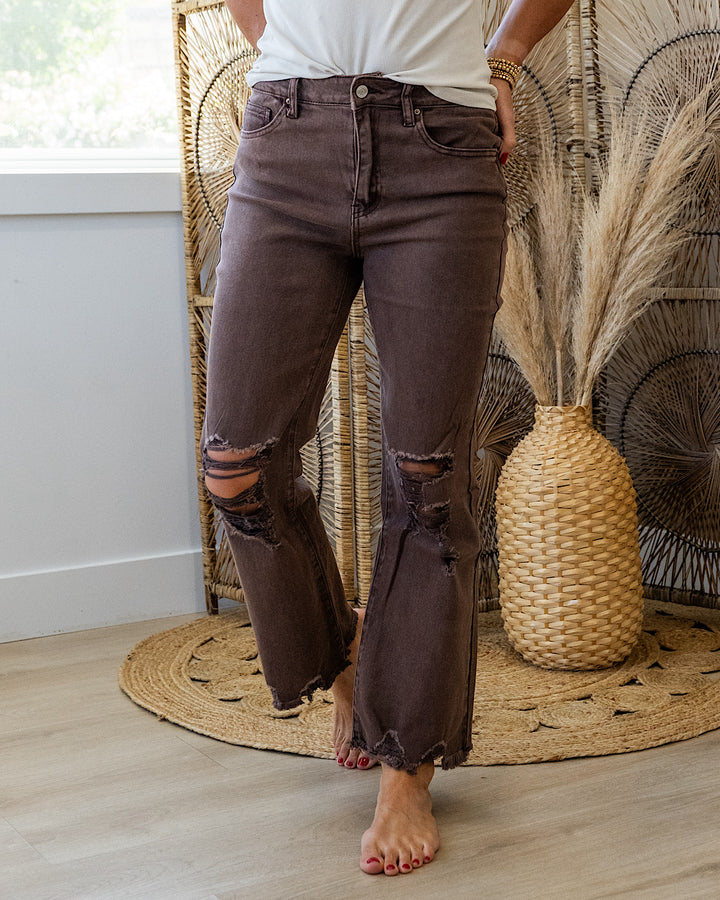 Gia Wide Leg Distressed Cropped Jeans - Mahogany Zenana