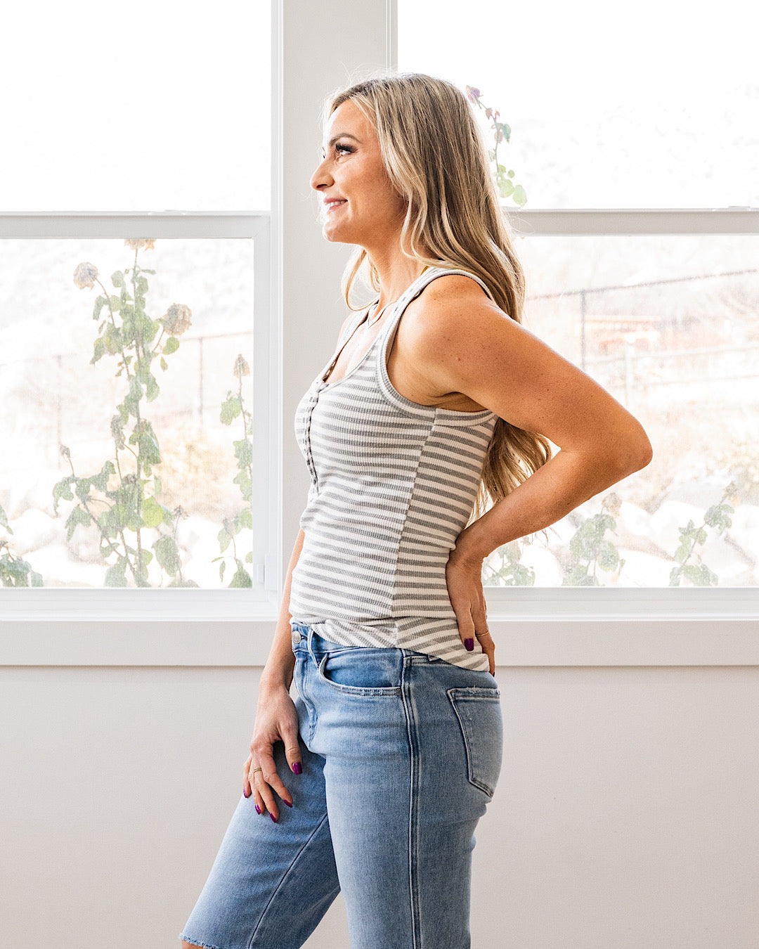 NEW! Adelle Striped Henley Tank - Heather Gray