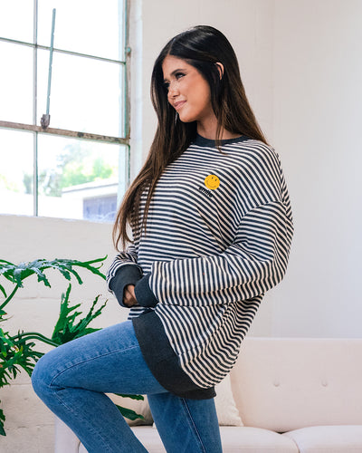 Smile Sweatshirt - Charcoal and Ivory Striped FINAL SALE  White Birch   