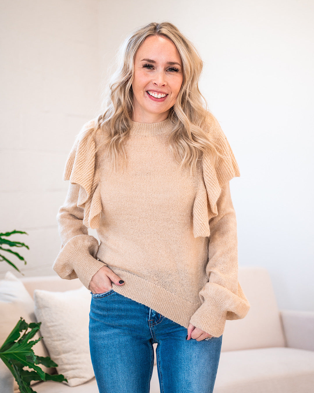 Sydney Ruffle Shoulder Sweater - Oatmeal FINAL SALE  Ces Femme   