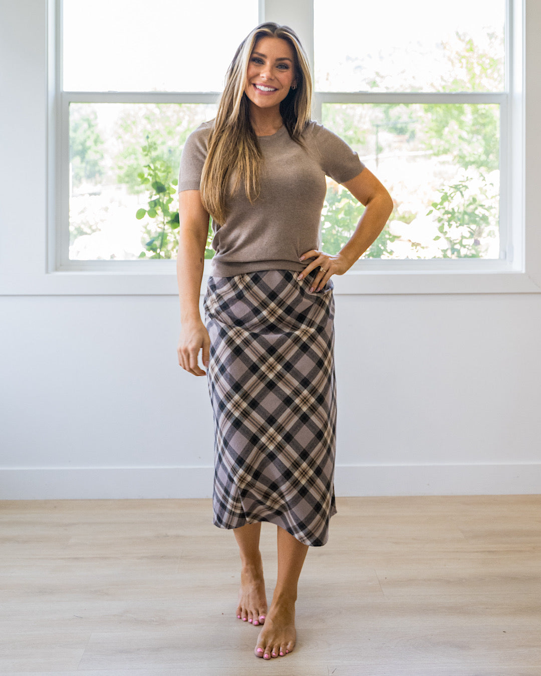 NEW! Jade Plaid A-Line Skirt - Greige Be Cool